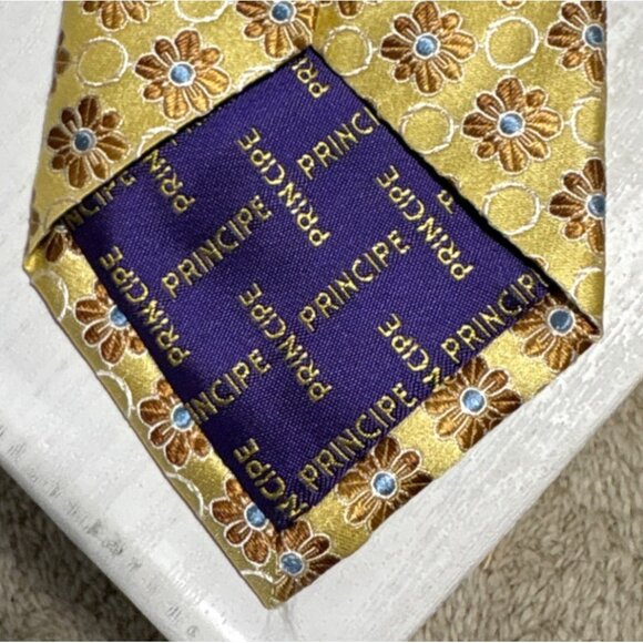 Principe Tie Mens 100% Silk Floral Patterned Pale Yellow Brown Blue Italy - Picture 4 of 7